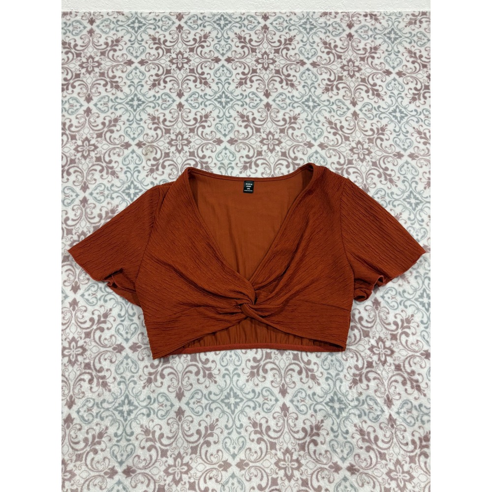 SHEIN Curve Rust Orange Twist Front V-Neck Crop Top Short Sleeve Plus Size 1XL
